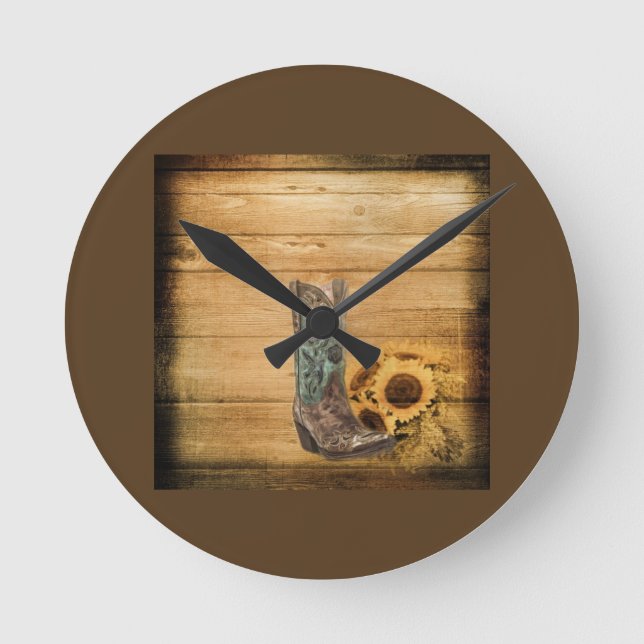 Weathered Western Country sunflower cowboy boot Round Clock (Front)