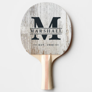 Weathered White Washed Monogram & Name Overlay Ping Pong Paddle