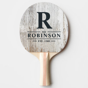 Weathered White Washed Wood Family Name & Initial Ping Pong Paddle