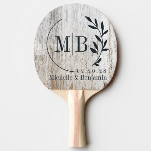 Weathered White Washed Wood Leaf Wedding Monogram Ping Pong Paddle