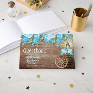 Weathered Wood Barrel - Baby Blue Flower Guest Book