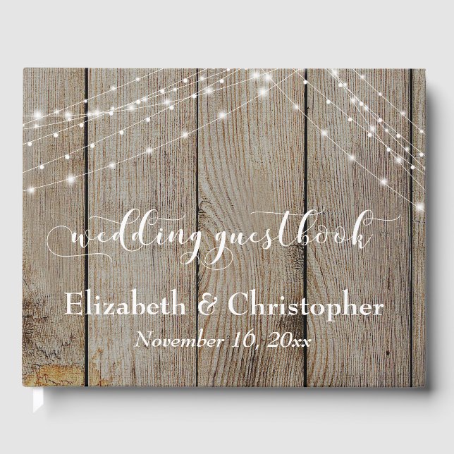Weathered Wood & Light Strings Wedding Guest Book (Front)