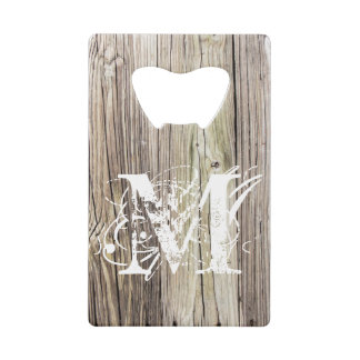 Weathered Wood Monogrammed Credit Card Bottle Opener