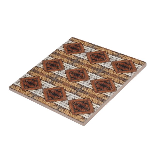 Weathered Wood Planks Diamond Pattern Mixed Media Tile (Side)