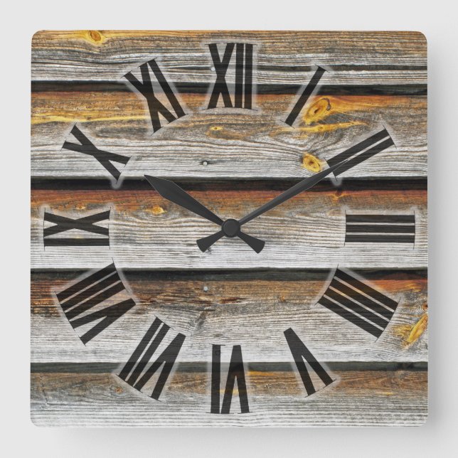 Weathered wood square wall clock (Front)