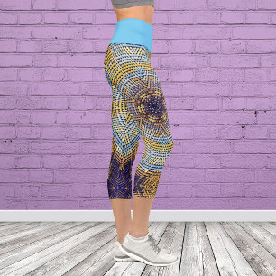 Weave Mandala Blue and Yellow Capri Leggings