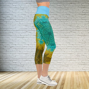 Weave Mandala Blue and Yellow Capri Leggings