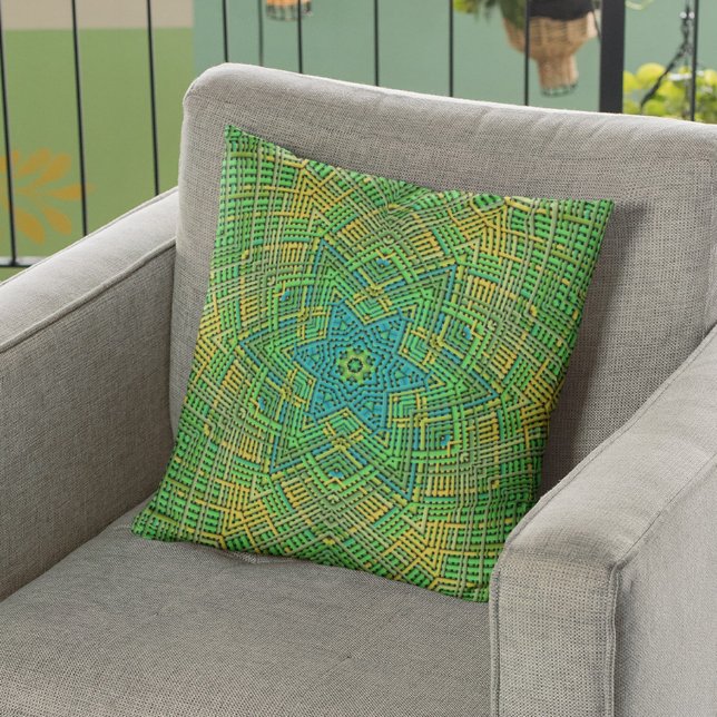 Weave Mandala Green Yellow and Blue Throw Pillow (Creator Uploaded)