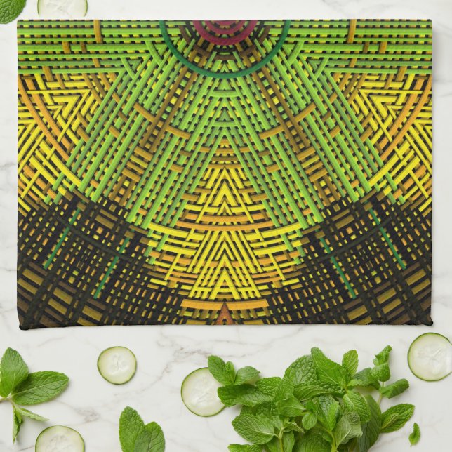 Weave Mandala Green Yellow and Red Kitchen Towel (Folded)
