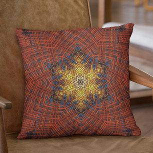Weave Mandala Orange Yellow and Blue Throw Pillow