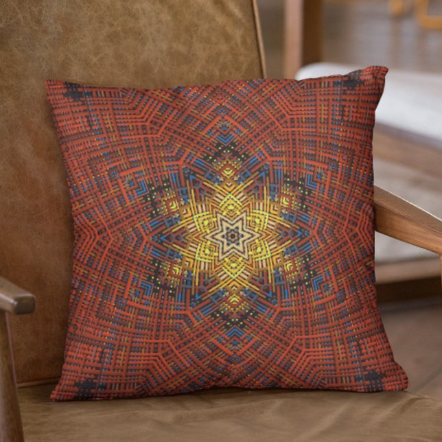 Weave Mandala Orange Yellow and Blue Throw Pillow (Creator Uploaded)