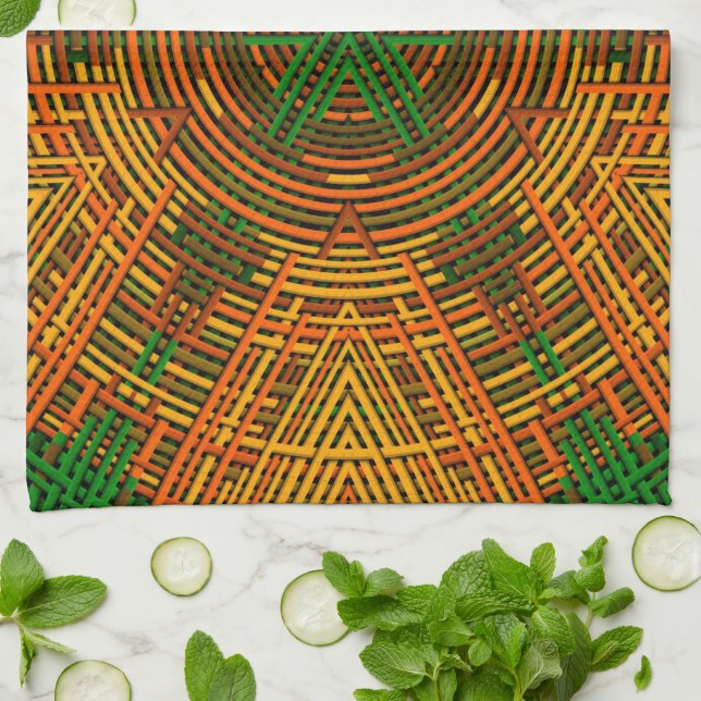 Weave Mandala Yellow Orange and Green Kitchen Towel (Folded)