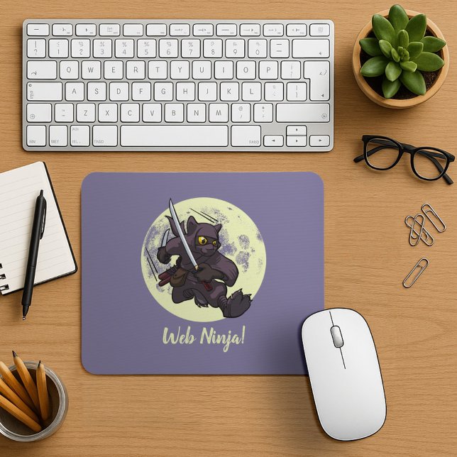 Web Ninja Jumping Black Cat Ninja Katana Cartoon Mouse Pad (Creator Uploaded)