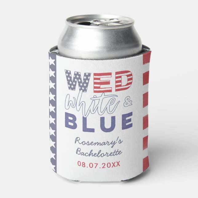 WED White Blue Bachelorette Party Bridal Shower Can Cooler (Can Front)