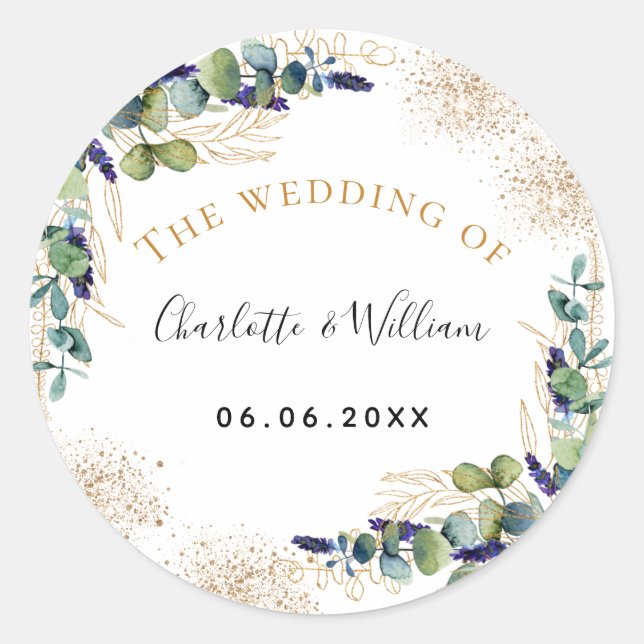 Weddding eucalyptus greenery glitter monogram classic round sticker (Front)