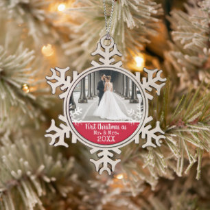 Wedding 1st Christmas Photo Red Snowflake Snowflake Pewter Christmas Ornament
