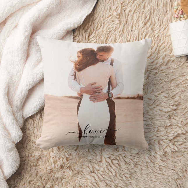 Wedding 2 Photo Memory Love Script Throw Pillow (Blanket)