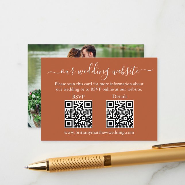 Wedding 2 QR RSVP Details Photo Terracotta Enclosure Card (Front/Back In Situ)