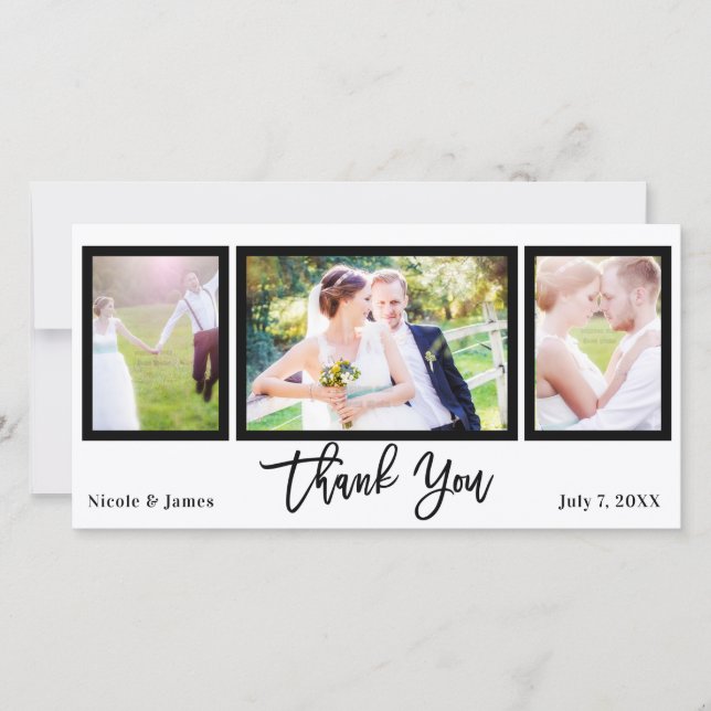 Wedding 3 Photo Picture Black White Thank You Card (Front)