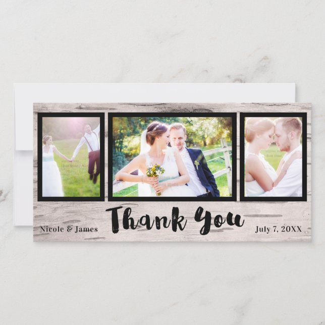 Wedding 3 Photo Picture Rustic Birch Thank You Card (Front)