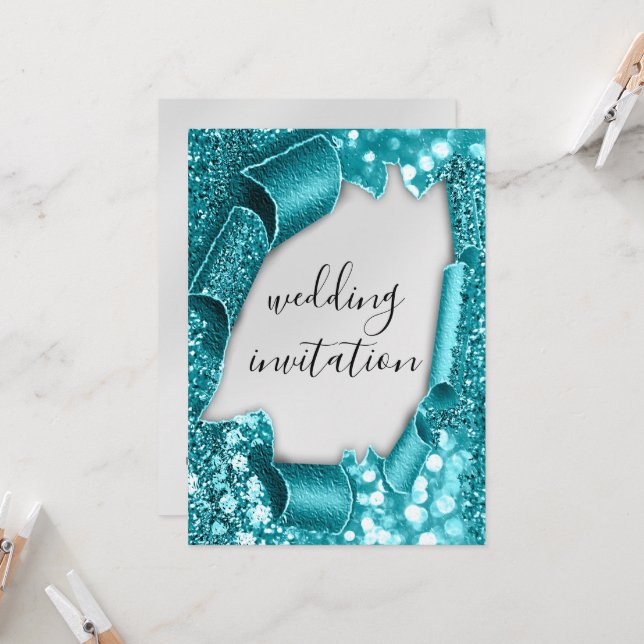 Wedding 3D Cart Effect Elegant Silver Teal Glitter Invitation (Front/Back In Situ)