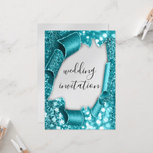 Wedding 3D Cart Effect Elegant Silver Teal Glitter Invitation