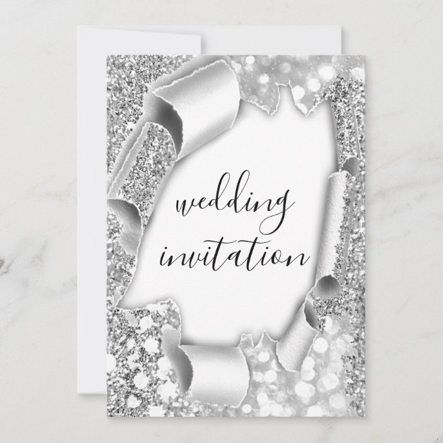 Wedding 3D Effect Elegant White Silver Glitter Invitation (Front)