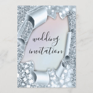 Wedding 3D Effect Smoky Blue Holograph Glitter Invitation