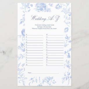 Wedding A to Z Game Blue Toile Bridal Shower