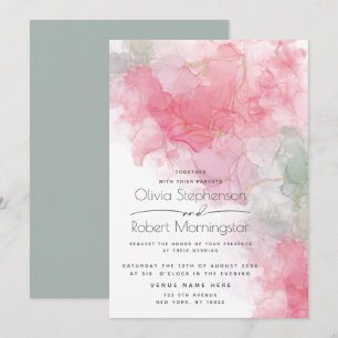 Wedding  Abstract Alcohol Ink Rose and Mint Invitation