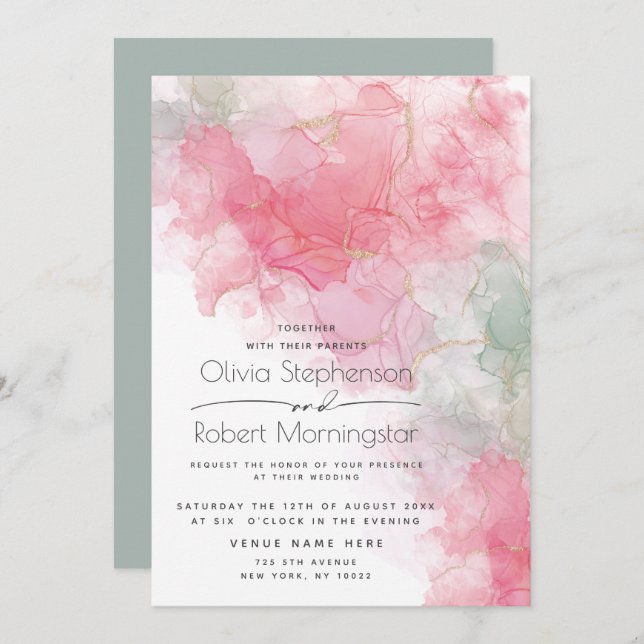 Wedding  Abstract Alcohol Ink Rose and Mint  Invitation (Front/Back)