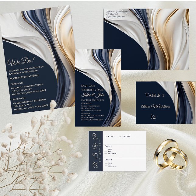 Wedding-Abstract Fluid Art-Blue and Gold- Invitation (Modern Wedding Theme-Blue White and Gold)