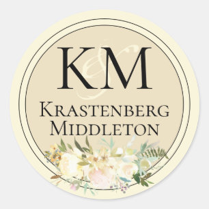 Wedding Add Your Monogram Name Cream Black Classic Round Sticker
