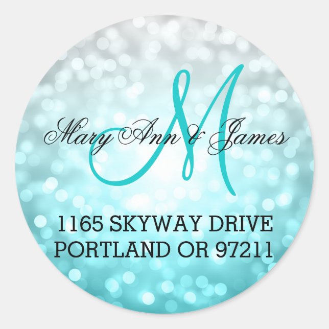 Wedding Address Beach Ombre Glitter Lights Classic Round Sticker (Front)