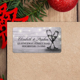 Wedding Address Champagne Glass Wood String Lights Label