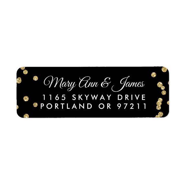 Wedding Address Gold Faux Glitter Confetti Black (Front)