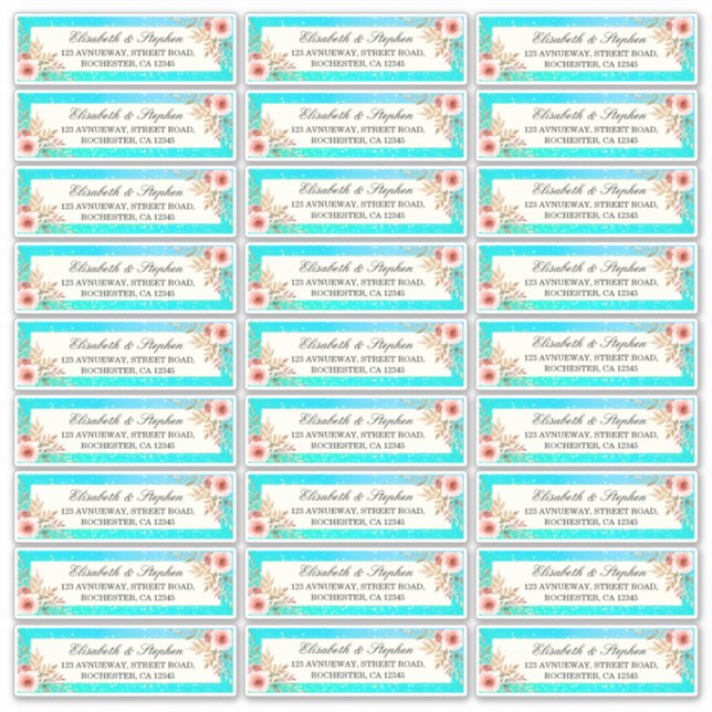 Wedding Address Label Modern Pink Floral Teal Gold (Front)