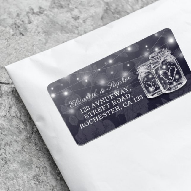 Wedding Address Mason Jars String Lights Navy Blue Label (Creator Uploaded)