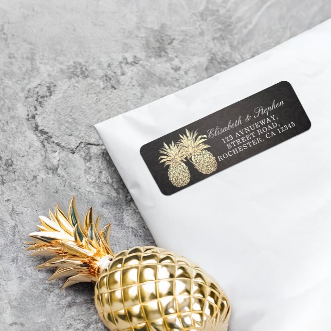 Wedding Address Modern Black Gold Pineapple Couple (Creator Uploaded)