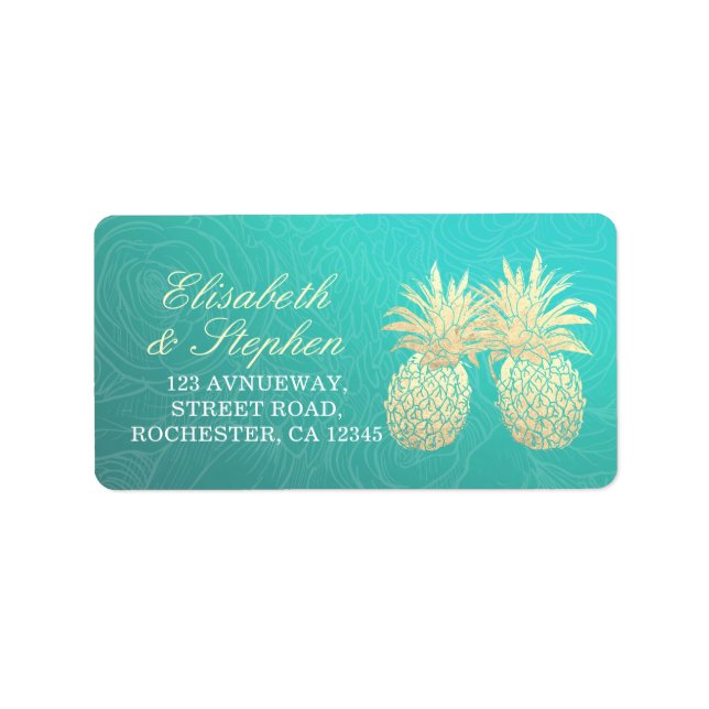 Wedding Address Vintage Gold Foil Pineapple Couple Label (Front)