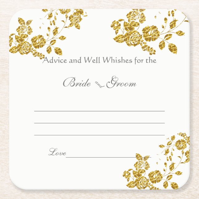 Wedding Advice and Well Wishes, Gold Foil Roses, Square Paper Coaster (Front)