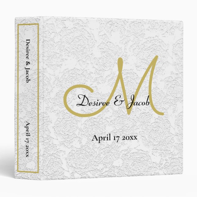 Wedding Album Simple White Gold Monogram Floral Binder (Front/Spine)