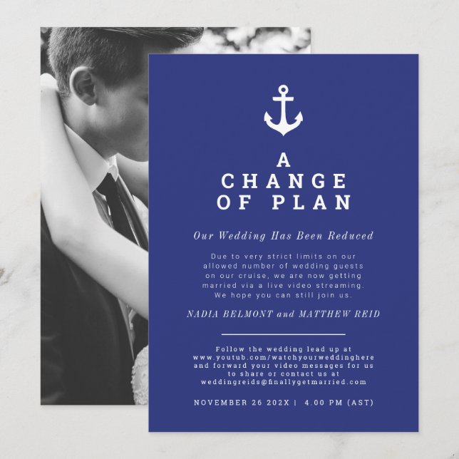 Wedding anchor change of plan uninvite streaming save the date (Front/Back)
