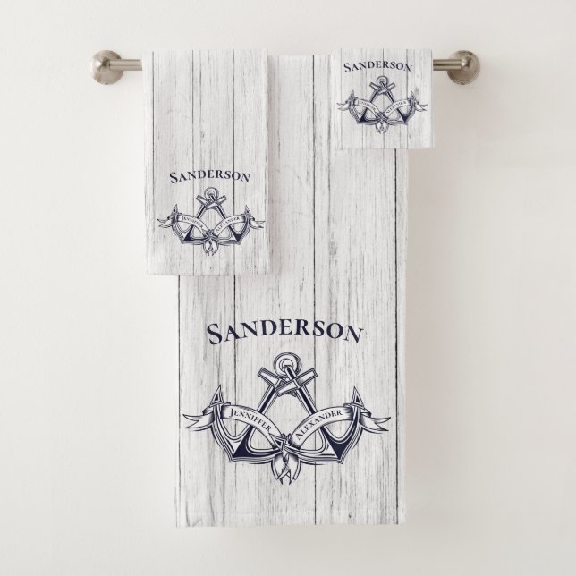 Wedding Anchors Navy Blue White Nautical Monograms Bath Towel Set (Insitu)