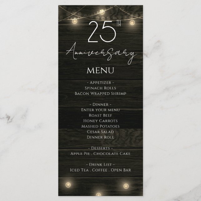 Wedding Anniversary 25th Rustic Wood and Lights Menu (Front)