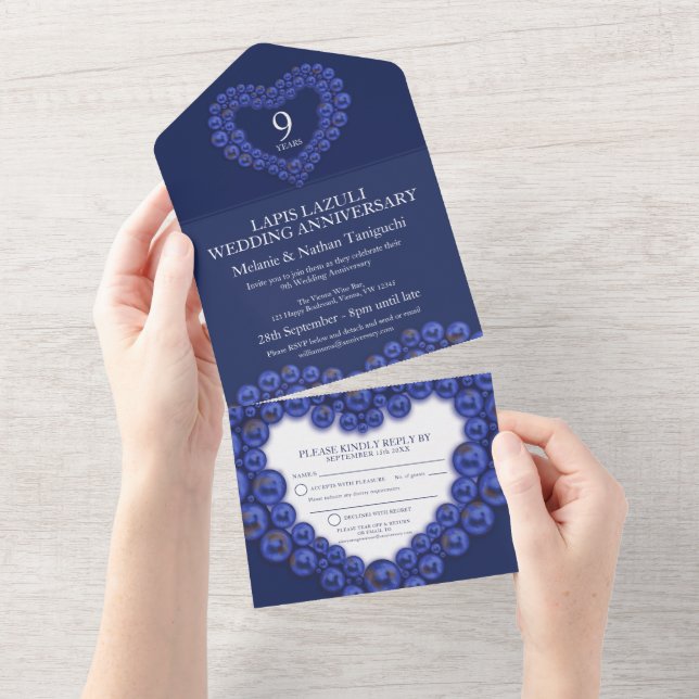 Wedding anniversary 9 year party blue all in one invitation (Tearaway)