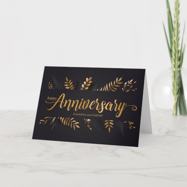 Wedding Anniversary Black Gold Botanical Names Card (Front)