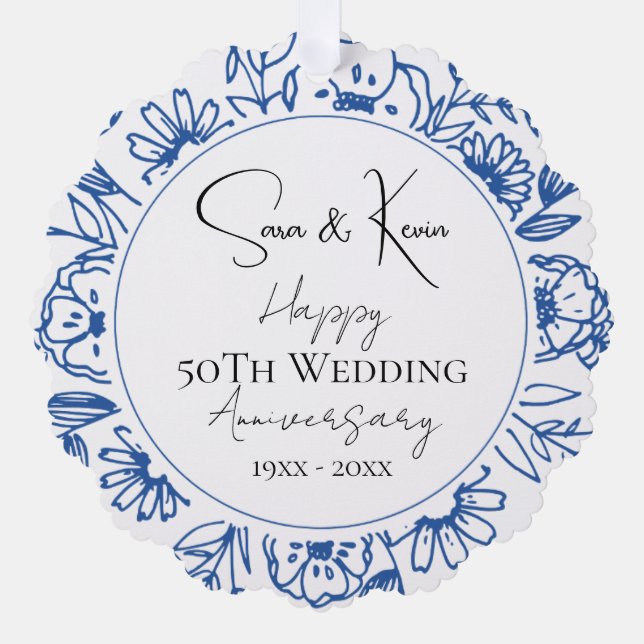 Wedding Anniversary Bleu Florals Ornament Card (Front)