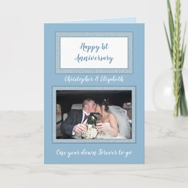 Wedding Anniversary blue and white photo Card (Front)