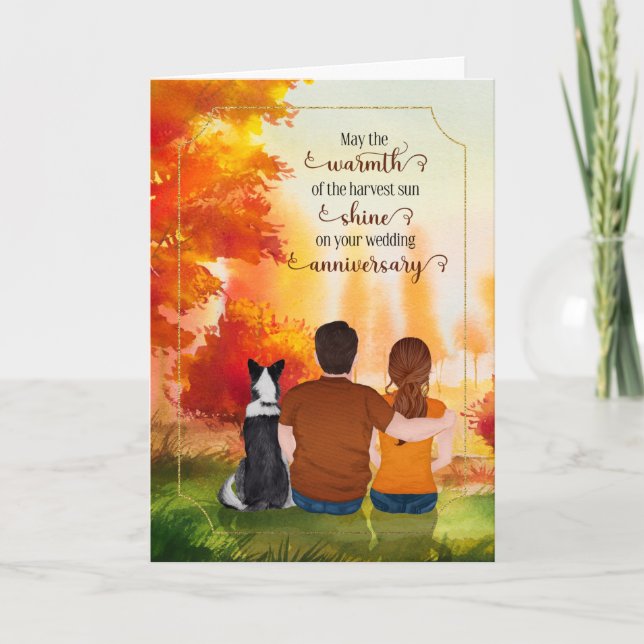 Wedding Anniversary Couple and Dog Autumn Sunset Card (Front)